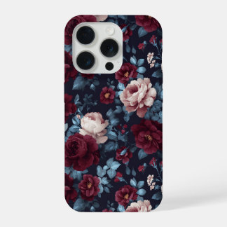 Elegant Burgundy Rose Navy Floral Pattern iPhone 15 Pro Case
