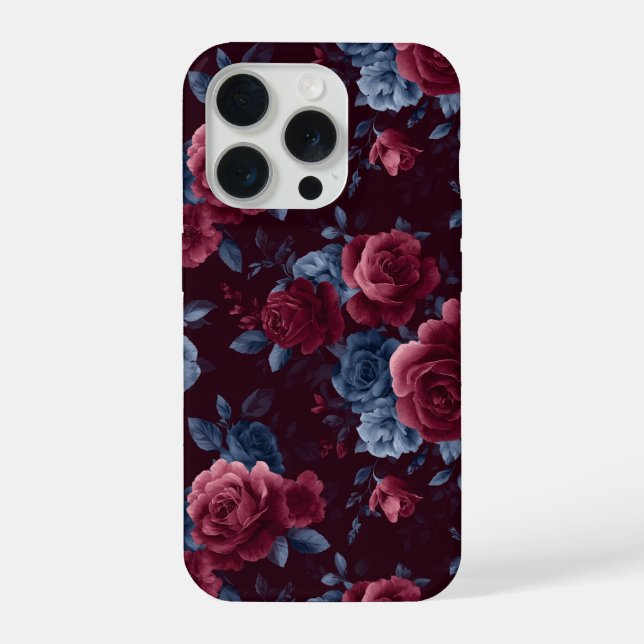 Elegant Burgundy Rose Navy Floral Pattern iPhone Case (Back)