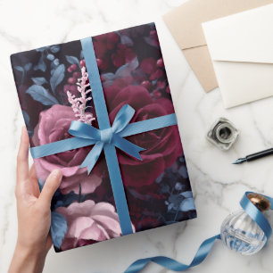 Elegant Burgundy Rose Navy Floral Pattern Wrapping Paper