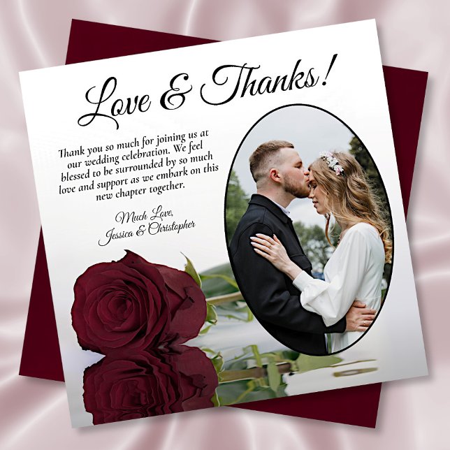 Elegant Burgundy Rose Oval Photo Wedding Thank You Card (Creator Uploaded)