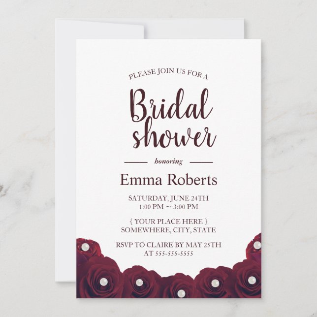 Elegant Burgundy Rose & Pearl Floral Bridal Shower Invitation (Front)