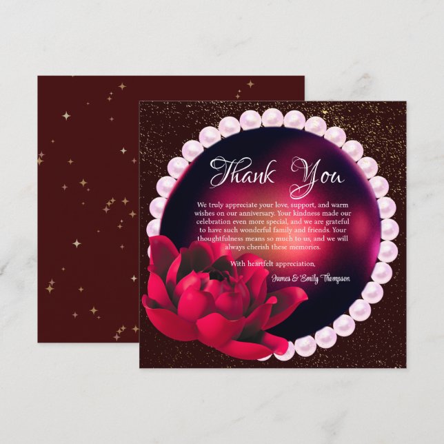 Elegant Burgundy Rose Pearl Wedding Anniversary  Thank You Card (Front/Back)