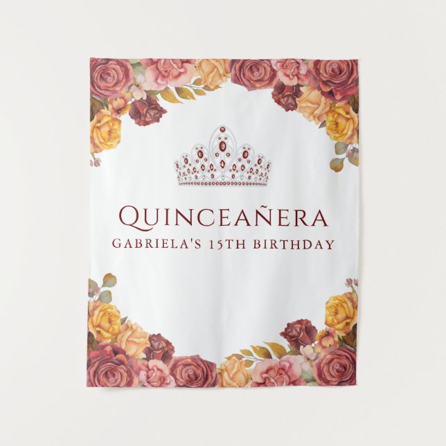 Elegant Burgundy Rose | Quinceanera backdrop Tapestry (Front)
