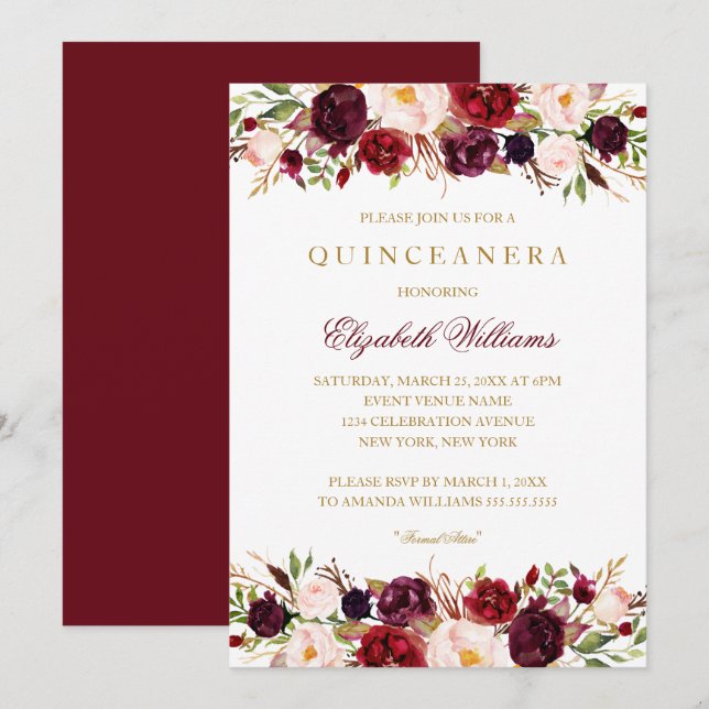 Elegant Burgundy Rose Quinceanera Invitation (Front/Back)
