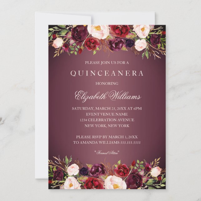 Elegant Burgundy Rose Quinceanera Invite (Front)