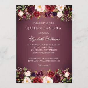 Elegant Burgundy Rose Quinceanera Invite