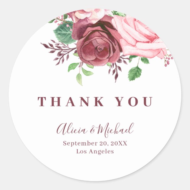 Elegant burgundy rose typography wedding thank you classic round sticker (Front)
