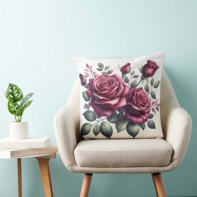 Elegant Burgundy Rose Watercolor Throw Pillow  (Chair)
