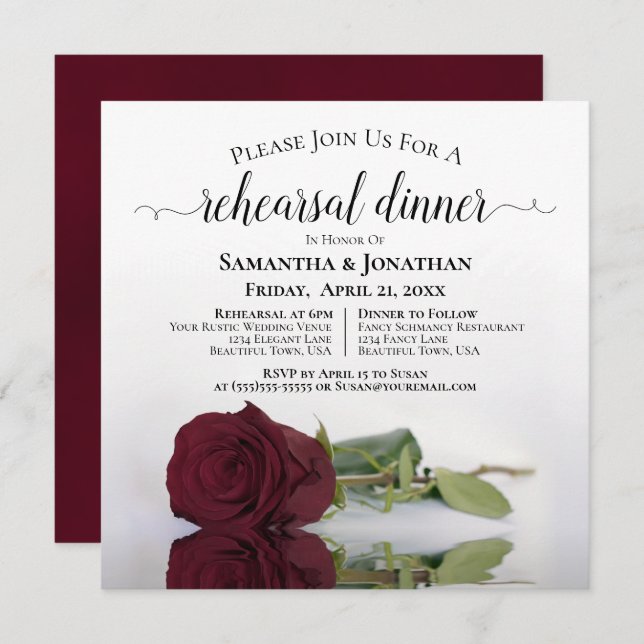 Elegant Burgundy Rose Wedding Rehearsal & Dinner Invitation (Front/Back)