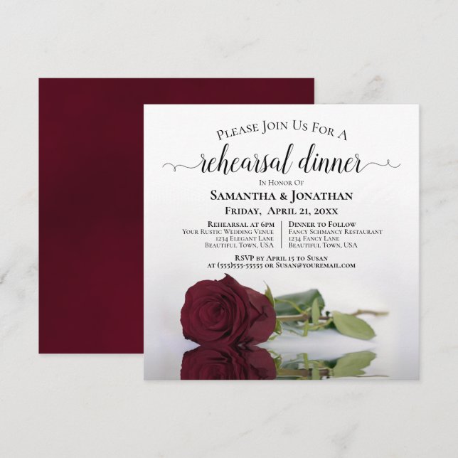 Elegant Burgundy Rose Wedding Rehearsal & Dinner Invitation (Front/Back)