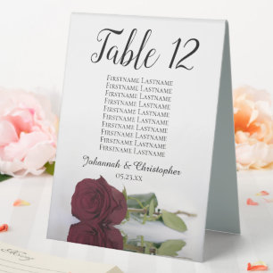 Elegant Burgundy Rose Wedding Table Number & Names