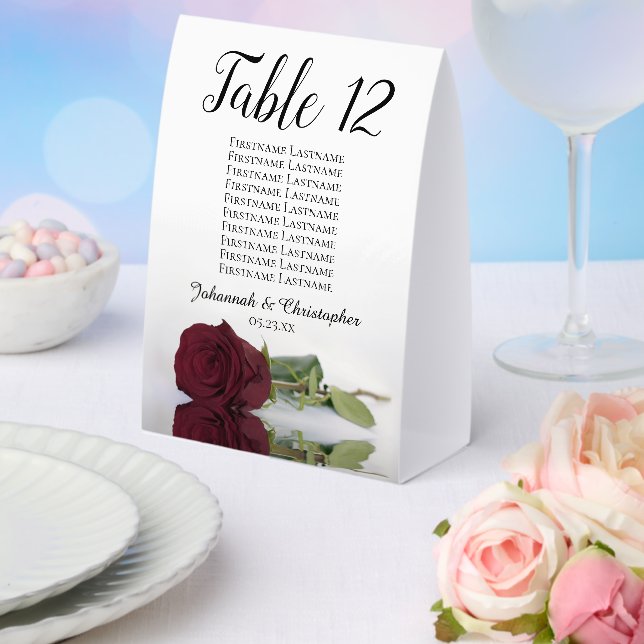 Elegant Burgundy Rose Wedding Table Number & Names (Insitu(Wedding))