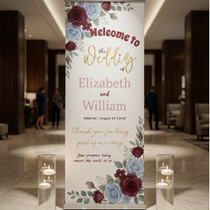 Elegant Burgundy Rose Wedding Welcome Retractable Banner