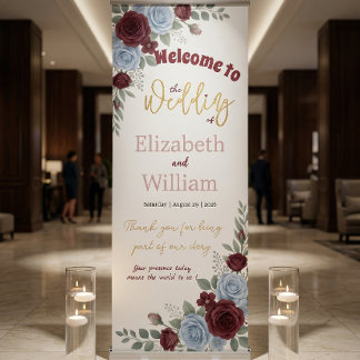 Elegant Burgundy Rose Wedding Welcome Retractable Banner