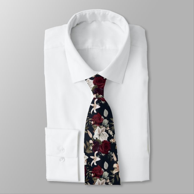Elegant Burgundy Rose White Lily Floral Pattern Tie (Tied)