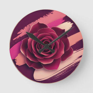 Elegant Burgundy Rose with Abstract Brush Strokes Round Clock