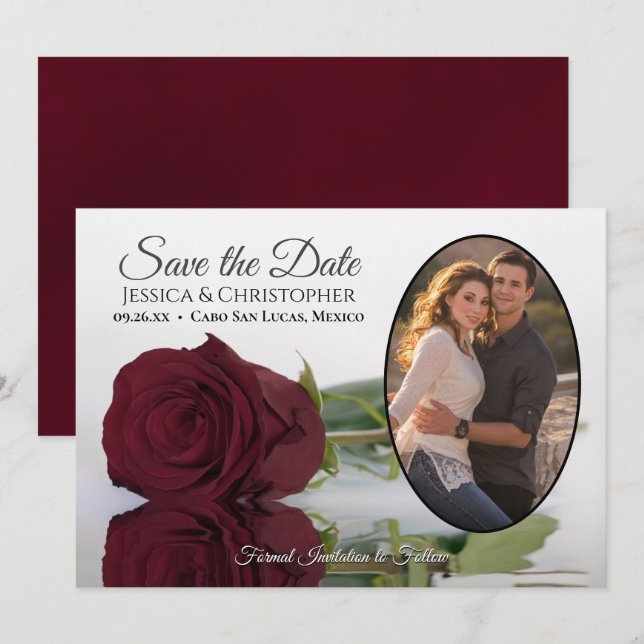 Elegant Burgundy Rose with Oval Photo Wedding Save The Date (Front/Back)