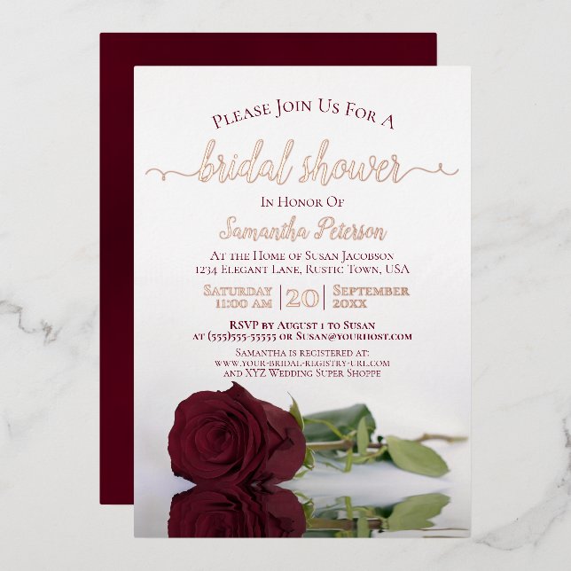 Elegant Burgundy Rose with Rose Gold Bridal Shower (Front/Back)