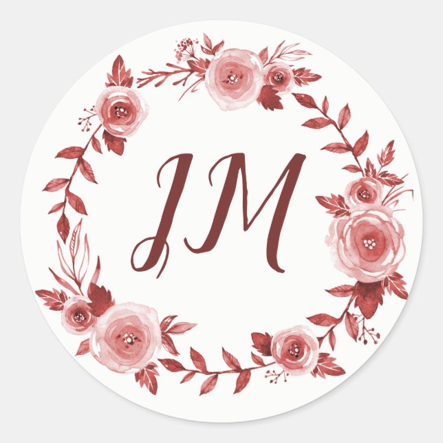Elegant Burgundy Rose Wreath Monogram Wedding Classic Round Sticker (Front)