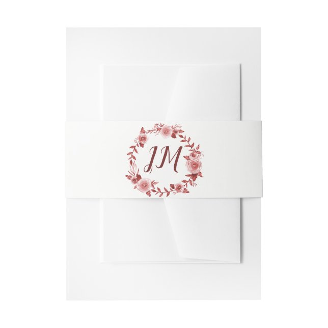 Elegant Burgundy Rose Wreath Monogram Wedding Invitation Belly Band (Front Example)