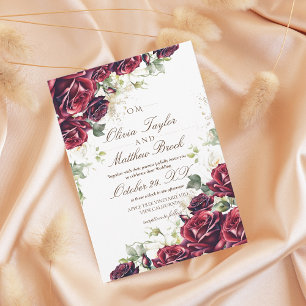 Elegant Burgundy Roses and Gold Flower Wedding  Invitation