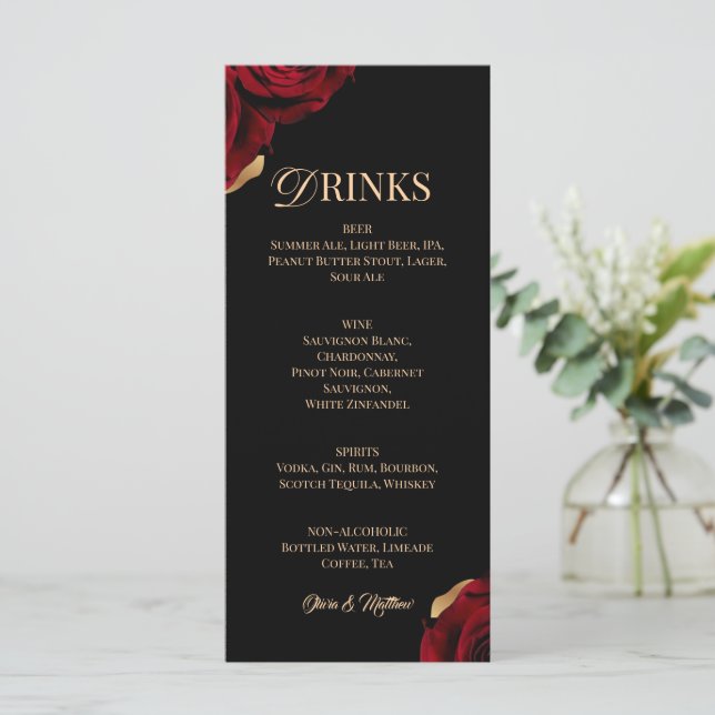 Elegant Burgundy Roses Drink  Menu (Standing Front)