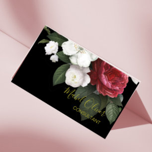 Elegant Burgundy Roses Modern QR Code  Gold   Business Card