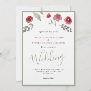 Elegant Burgundy Roses & Sage Green Wedding Invitation