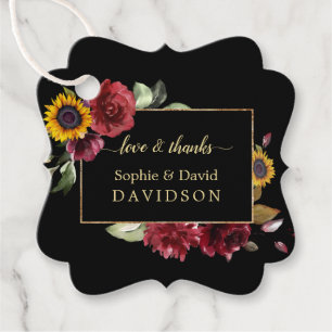 Elegant Burgundy Roses Sunflower Gold Wedding Favour Tags
