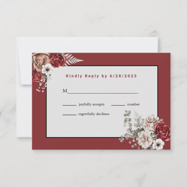 Elegant Burgundy Roses Wedding (no meal) RSVP (Front)