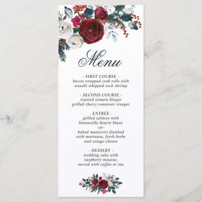Elegant  Burgundy Roses Winter Greenery Wedding Menu (Front)