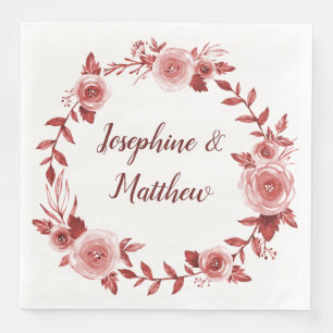 Elegant Burgundy Roses Wreath Wedding Napkin