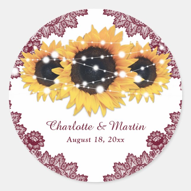 Elegant Burgundy Rustic Chic Sunflower Wedding Classic Round Sticker (Front)