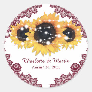 Elegant Burgundy Rustic Chic Sunflower Wedding Classic Round Sticker
