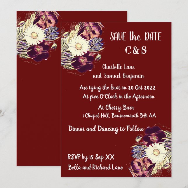 Elegant Burgundy Rustic Floral Monogram Wedding  Invitation (Front/Back)