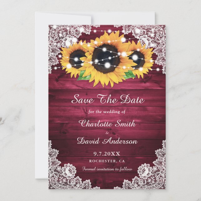 Elegant Burgundy Rustic Wood Lace Sunflower Save The Date (Front)