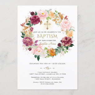 Elegant Burgundy Saffron Flowers Wreath Baptism Invitation