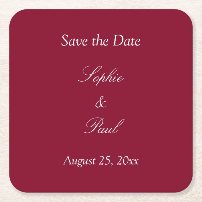 Elegant Burgundy Save the Date Square Paper Coaster (Front)
