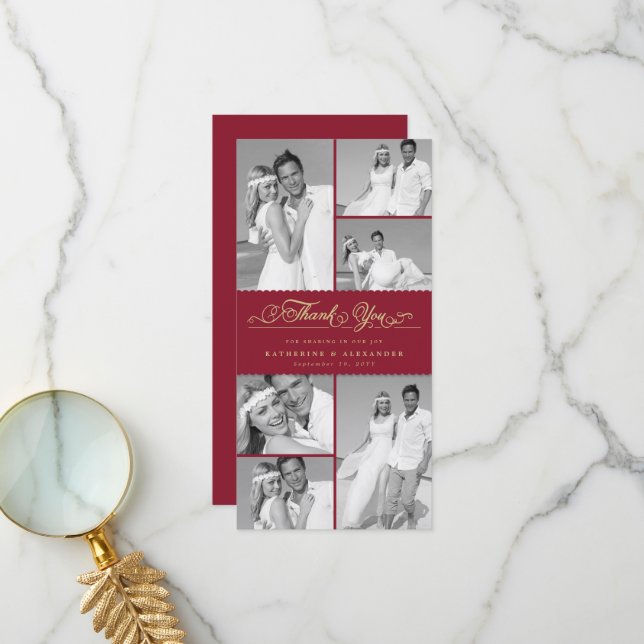 Elegant Burgundy Scallop Band 6 Photo Chic Wedding Thank You Card (Front/Back In Situ)