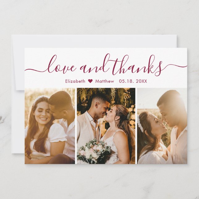 Elegant Burgundy Script 3 Photo Collage Wedding Thank You Card (Front)