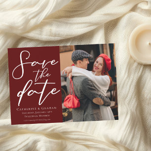 Elegant Burgundy Script Couple Photo Save The Date