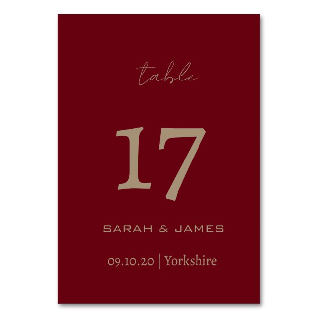 Elegant Burgundy Script Custom Table Number Card  (Front)