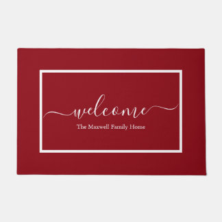 Elegant burgundy script family name welcome doormat