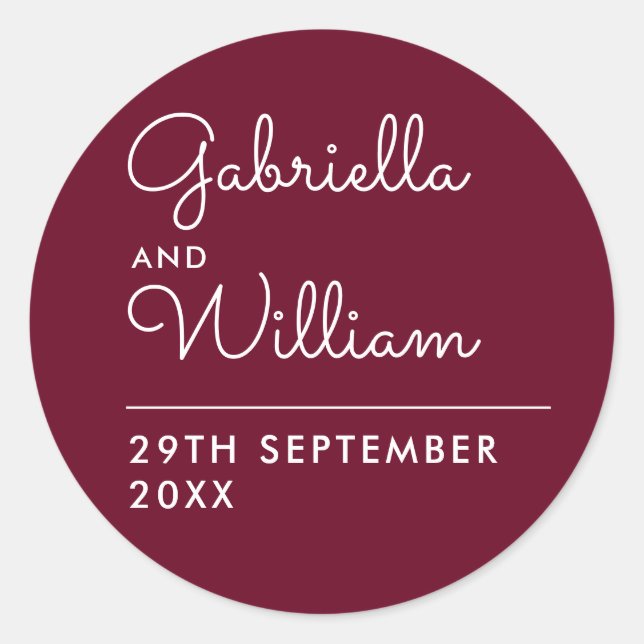 Elegant Burgundy Script Favour Classic Round Stick Sticker (Front)
