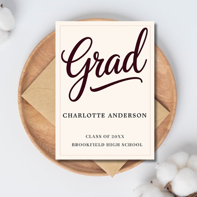 Elegant Burgundy Script Grad Announcement Card (Creator Uploaded)