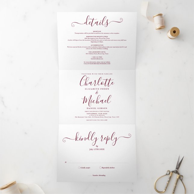 Elegant Burgundy Script Minimalist Photo Wedding T Tri-Fold Invitation (Inside)