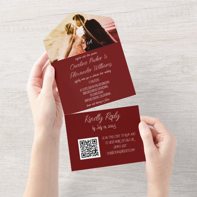 Elegant Burgundy Script Modern RSVP QR Code  All I All In One Invitation (Tearaway)