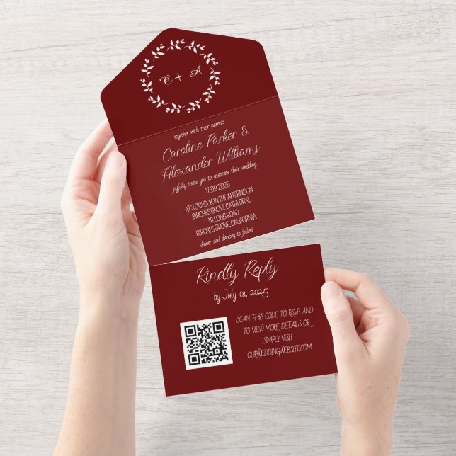 Elegant Burgundy Script Modern RSVP QR Code All In One Invitation (Tearaway)