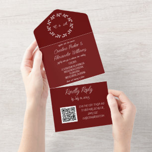Elegant Burgundy Script Modern RSVP QR Code All In One Invitation