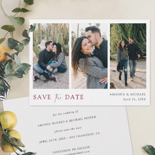 Elegant Burgundy Script Multi Photo Collage Save The Date